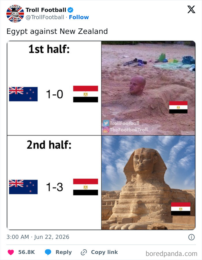World Cup 2026 meme: Egypt vs New Zealand score evolution, with a man buried in sand and the Sphinx.
