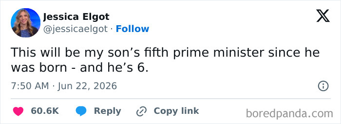 Funny parenting tweet about a mom whose 6-year-old son has seen five prime ministers.