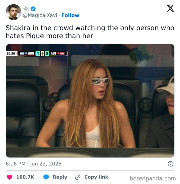 Shakira watching a World Cup game in the crowd, featured in funniest World Cup tweets.
