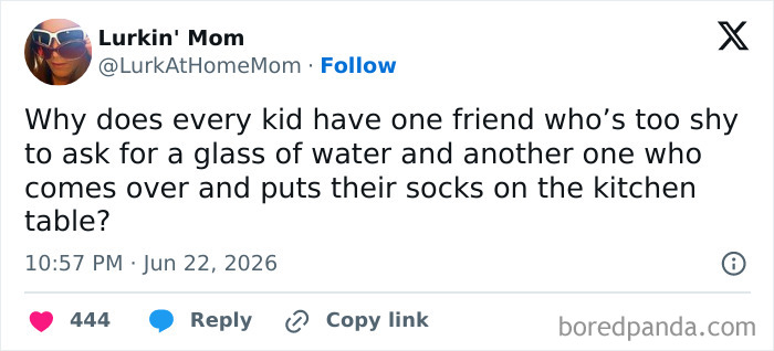 Funny parenting tweet about kids having a shy friend and another who puts socks on the kitchen table.