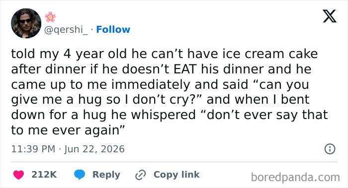 Funny parenting tweet about a mom and her 4-year-old negotiating ice cream cake with a hug and a warning.