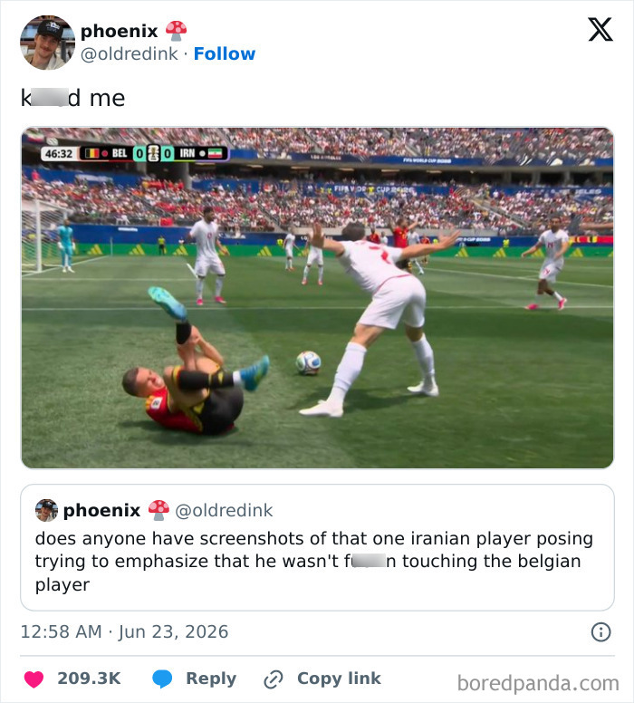 A football player falling dramatically during a World Cup match, inspiring funny tweets from football fans.