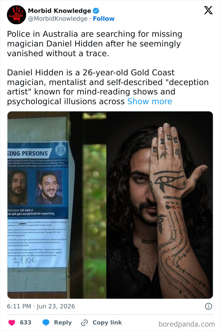 Daniel Hidden, a magician, with tattoos, central to morbid and sad stories, one of the worst days of life.