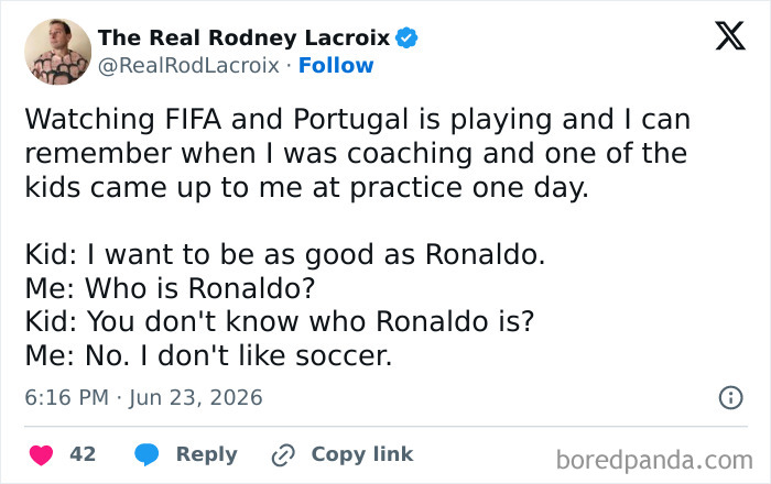 Funny parenting tweet about a dad coaching soccer and not knowing who Ronaldo is.