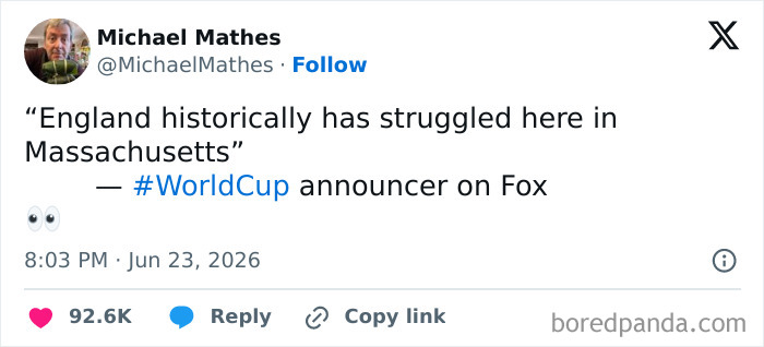 A tweet quoting a World Cup announcer discussing England's struggles, making football fans laugh.