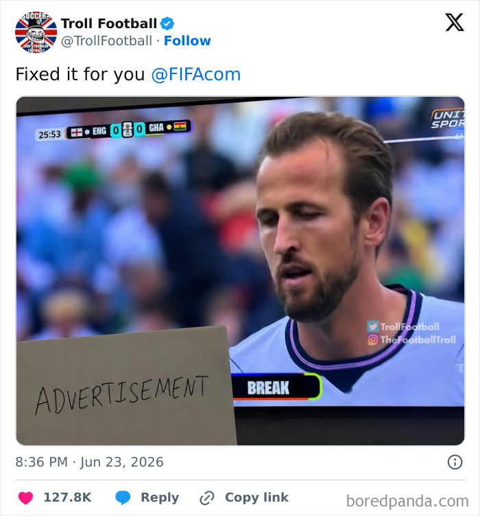 A World Cup 2026 meme showing Harry Kane looking sad on a TV screen with an ADVERTISEMENT sign covering his face.