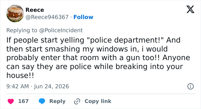 A tweet from Reece about a doxxing and swatting prank, questioning police response to a home invasion. A tweet from Reece about a doxxing and swatting prank, questioning police response to a home invasion.