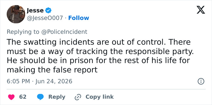 Social media post by Jesse discussing swatting incidents and the need to track responsible parties, highlighting the severity of the prank. Social media post by Jesse discussing swatting incidents and the need to track responsible parties, highlighting the severity of the prank.
