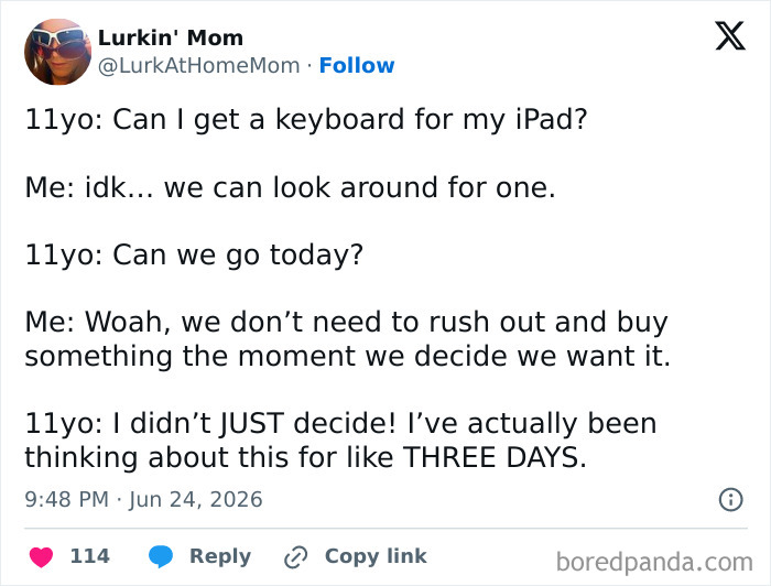 Funny parenting tweet showing a child's impatience wanting an iPad keyboard immediately after a three-day thought.