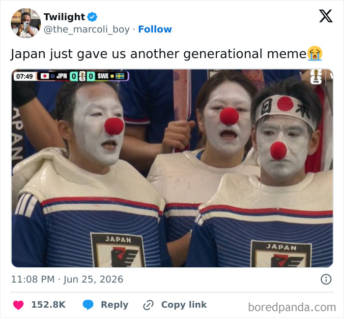 Fans in clown makeup at a World Cup match, creating funny football content for social media.