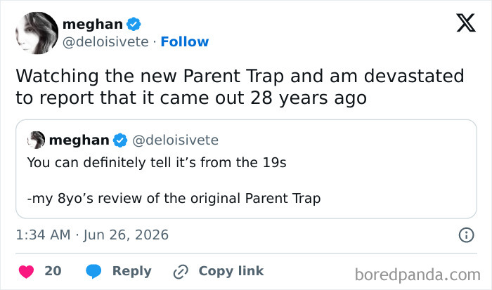 Funny parenting tweet about a child discovering Parent Trap and realizing its age, great for moms and dads.