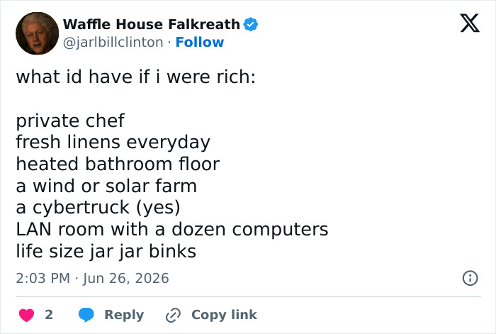 A tweet from Waffle House Falkreath listing rich desires, highlighting choices that could devalue celeb homes. A tweet from Waffle House Falkreath listing rich desires, highlighting choices that could devalue celeb homes.
