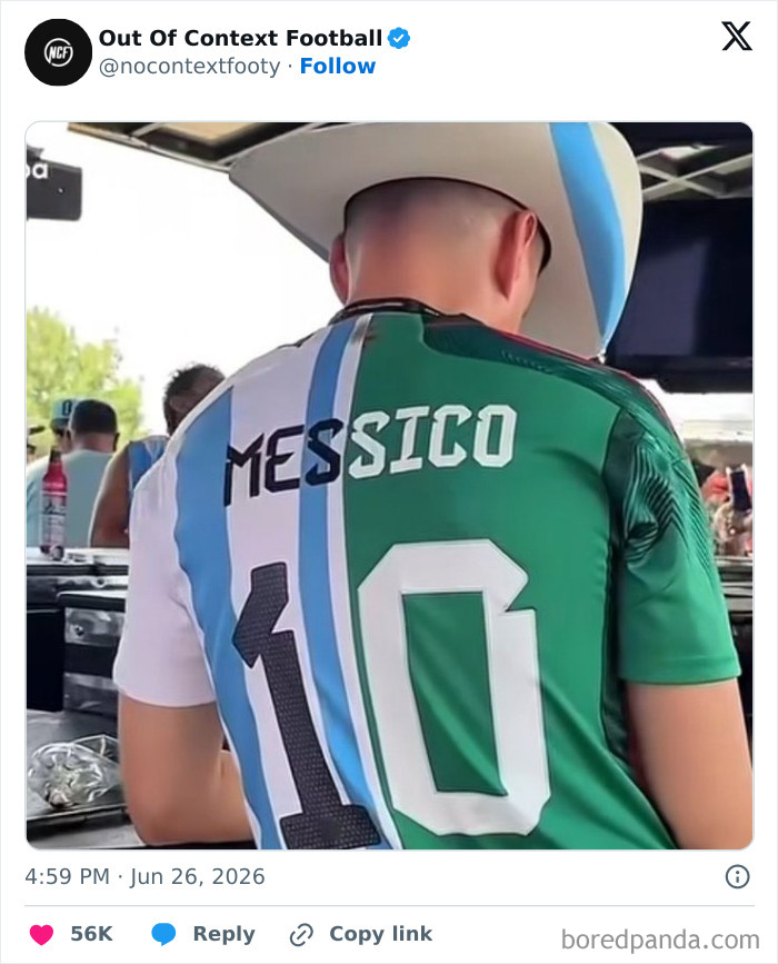 A World Cup 2026 fan wears a half-Argentina, half-Mexico jersey, a meme reflecting the year's chaos.