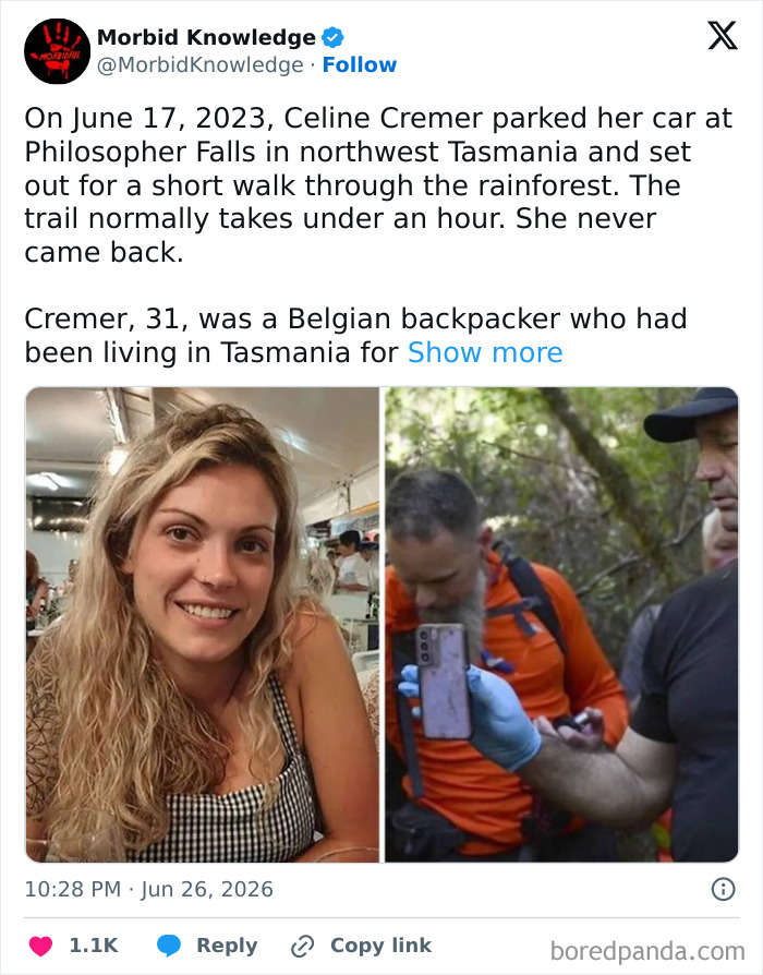 Celine Cremer, a missing backpacker, highlighting morbid and sad stories, one of the worst days of life.
