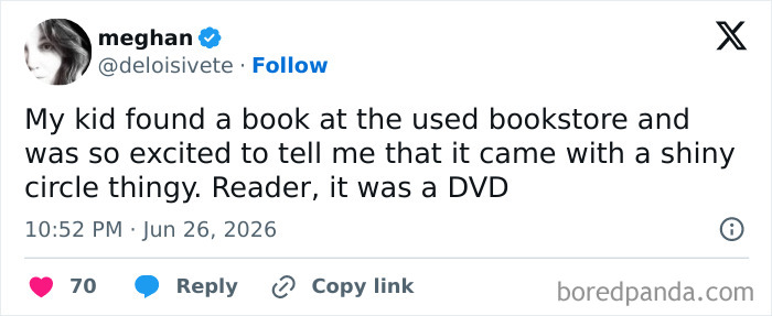Funny parenting tweet about a kid finding a DVD and calling it a shiny circle thing, perfect for moms and dads.