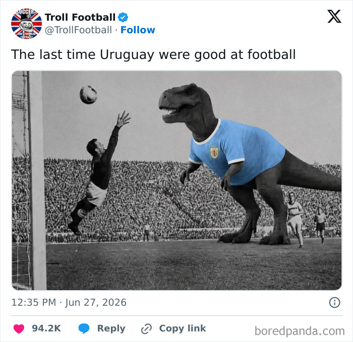 A World Cup 2026 meme showing a T-Rex in a Uruguay jersey next to a vintage goalkeeper on a football field.