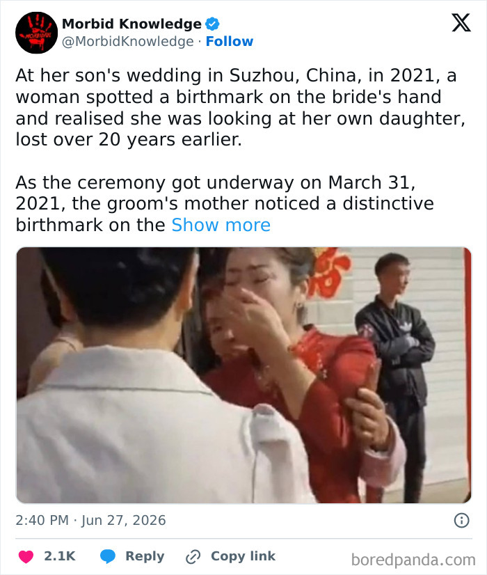 A woman crying and hugging another woman at a wedding, representing morbid and sad stories.