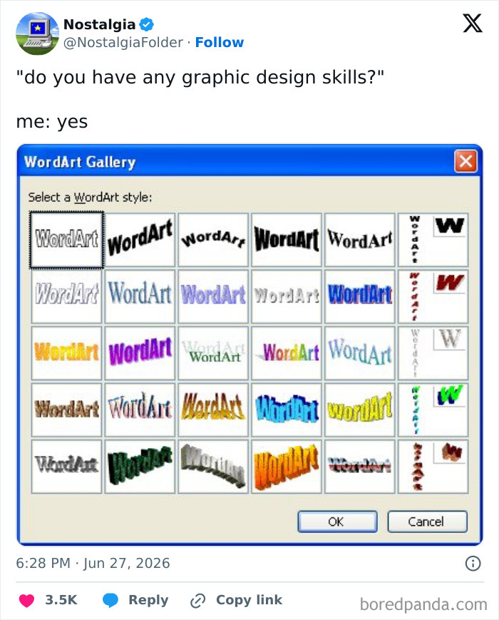 A computer screen displays the WordArt gallery from Microsoft Word, bringing back nostalgic graphic design memories.