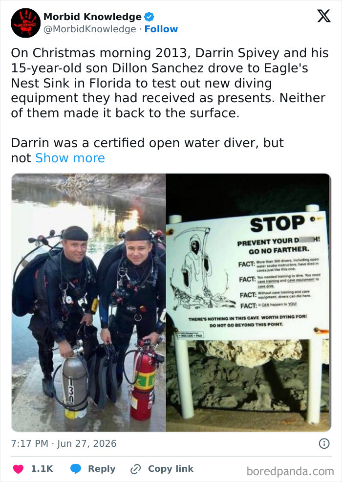 Two divers next to a warning sign about dangerous diving, illustrating morbid and sad stories.
