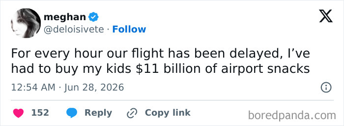 Funny parenting tweet about buying billions in snacks due to flight delays, relatable for moms and dads.