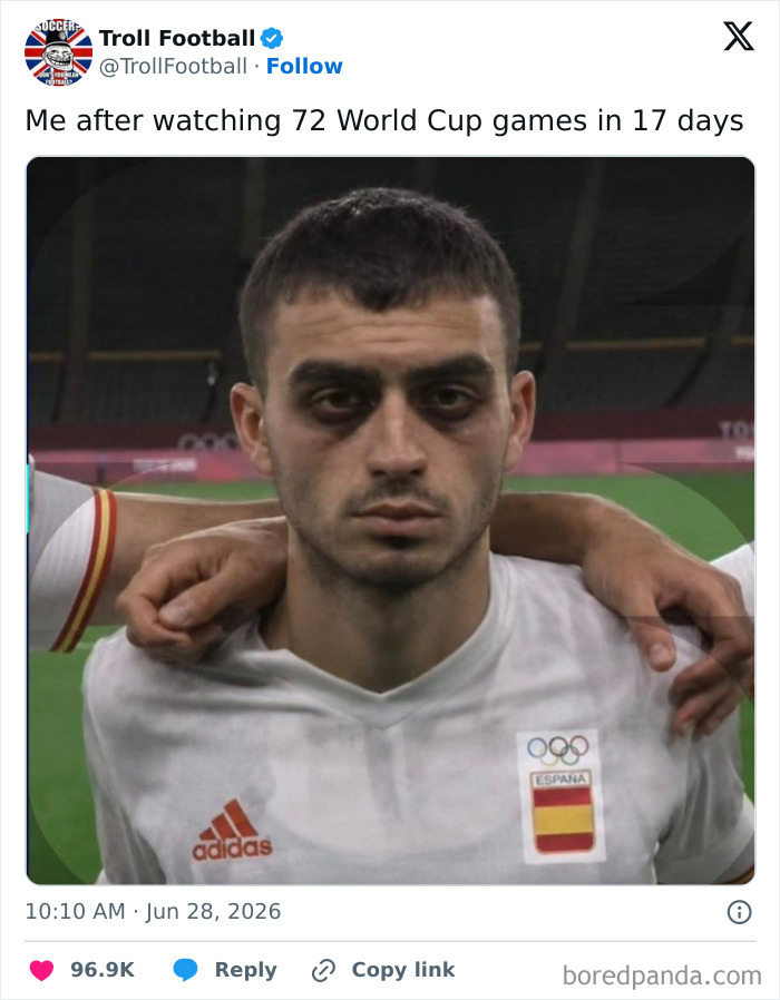 A World Cup 2026 meme showing a tired male football player with dark circles under his eyes.