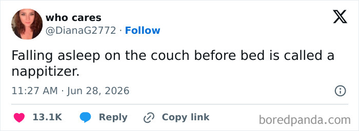 A funny tweet defining 'nappitizer' as falling asleep on the couch before bed, reflecting humor from people on Twitter.