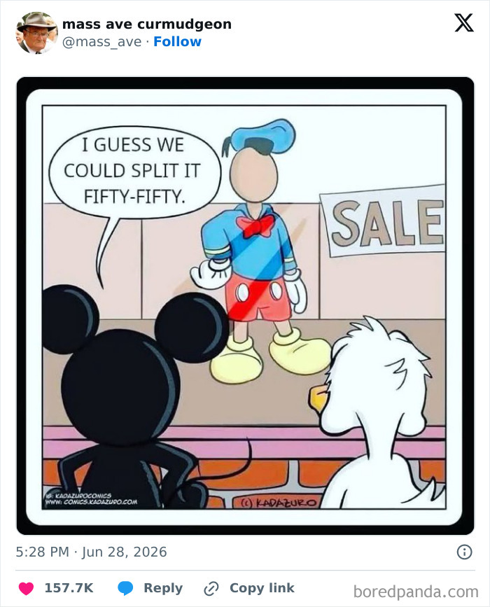 A cartoon of Mickey Mouse, Donald Duck, and a faceless figure in June discussing splitting something fifty-fifty.