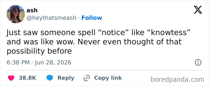 A funny tweet from Ash on Twitter during June about someone spelling notice like knowtess.