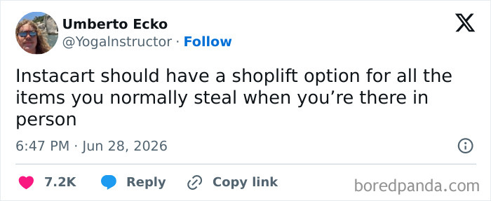 A tweet by Umberto Ecko @YogaInstructor, suggesting Instacart should have a shoplift option, among the funnier tweets on Twitter in June.