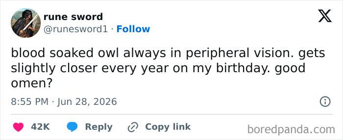 A tweet by @runesword1 about a blood-soaked owl, an example of funny tweets from people on Twitter in June.