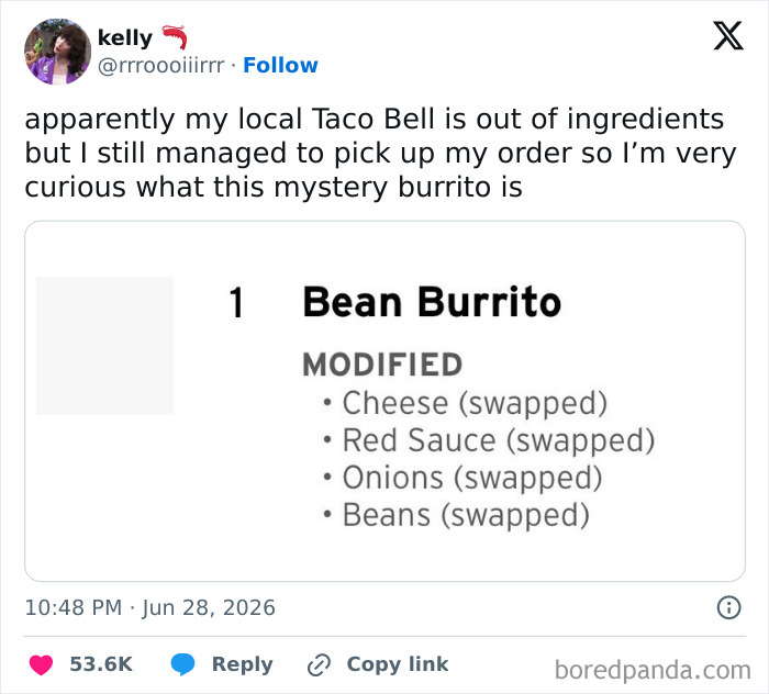 A funny tweet showing a Taco Bell order for a 'mystery burrito' with all ingredients swapped, featuring humor from people on Twitter.