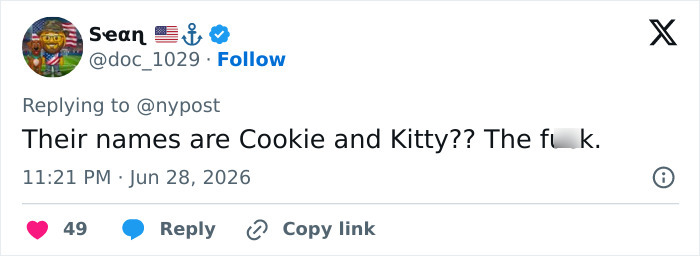 A social media post with a user named Sean commenting on the brutal attack, questioning the names Cookie and Kitty.
