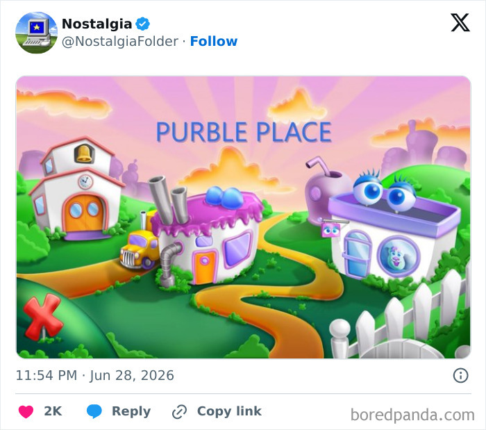 An illustration of Purble Place shows a whimsical town, a nostalgic folder of forgotten memories.