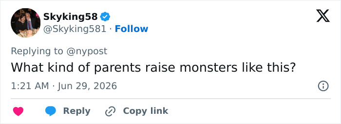 A social media post from Skyking58 asking about parents raising monsters, related to the brutal attack by smiling sisters.
