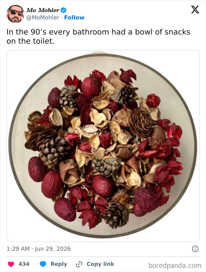 A close-up of potpourri in a bowl on a toilet, shared by Mo Mohler, who was one of the funnier people on Twitter in June.