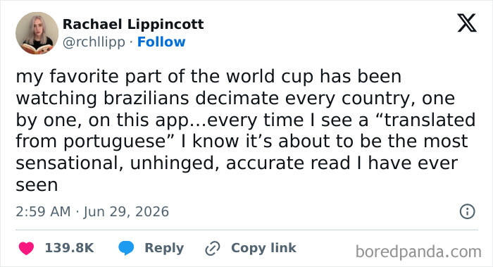 Funny World Cup tweet from Rachael Lippincott about watching Brazilians decimate every country.