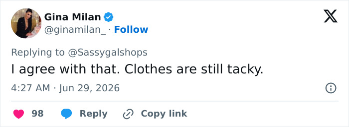 Twitter post featuring a user criticizing Shania Twain's sheer look, calling it tacky. Twitter post featuring a user criticizing Shania Twain's sheer look, calling it tacky.