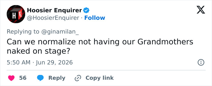 A tweet from Hoosier Enquirer on June 29, 2026, asking to normalize grandmothers not being naked on stage, related to Shania Twain's sheer look. A tweet from Hoosier Enquirer on June 29, 2026, asking to normalize grandmothers not being naked on stage, related to Shania Twain's sheer look.
