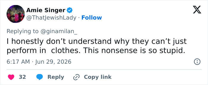 A tweet from Amie Singer on June 29, 2026, questioning why performers can't just wear clothes, referencing Shania Twain's sheer look backlash. A tweet from Amie Singer on June 29, 2026, questioning why performers can't just wear clothes, referencing Shania Twain's sheer look backlash.