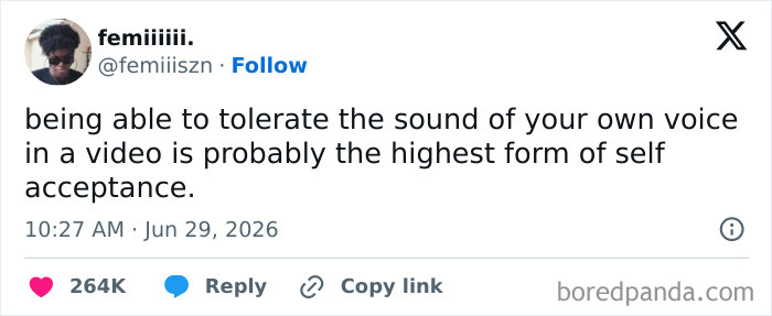Funny Twitter post from June about tolerating your own voice in a video as self-acceptance.