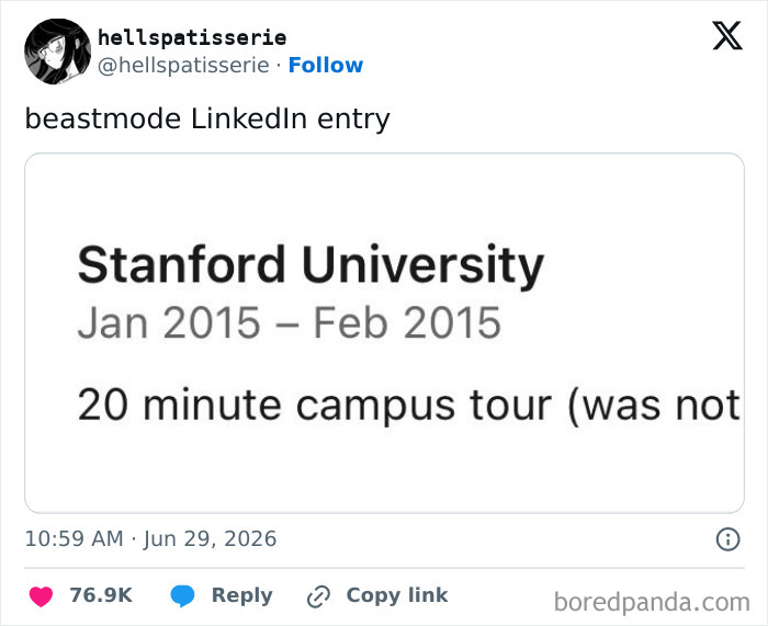 A funny tweet from hellspatisserie on Twitter during June showing a short Stanford University visit.