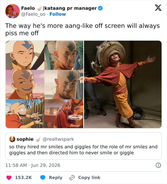 A Twitter post about Aang from Avatar: The Last Airbender, showing his animated and live-action forms. This is a funny pop culture post.