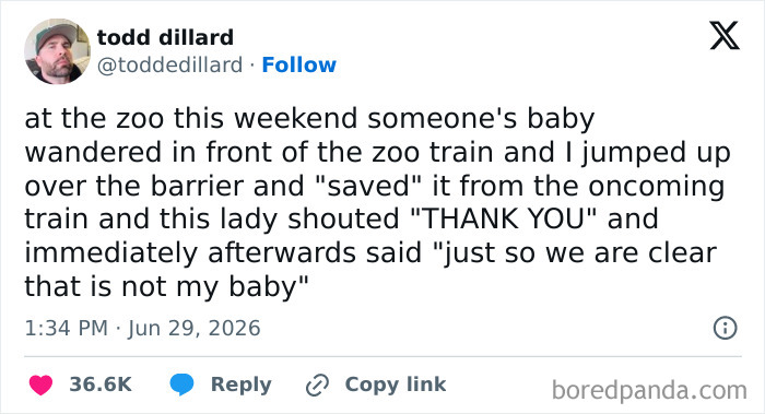 A funny tweet from Todd Dillard about saving a baby at the zoo, highlighting humor from people on Twitter.
