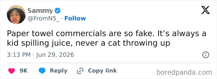 Funny person Sammy on Twitter posting about paper towel commercials always showing kids spilling juice, not cats throwing up.