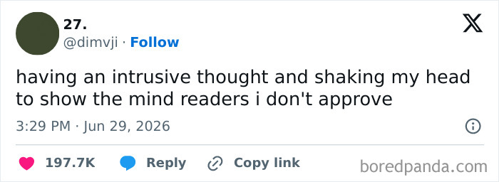 Funny Twitter post from June about intrusive thoughts and mind readers.