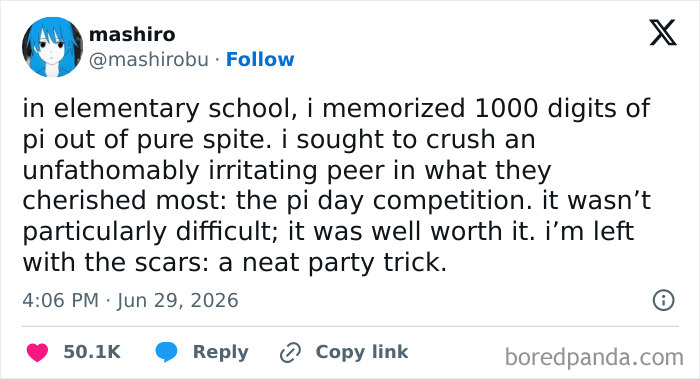 A screenshot of a funny tweet about memorizing 1000 digits of pi out of spite, showcasing funny people on Twitter.
