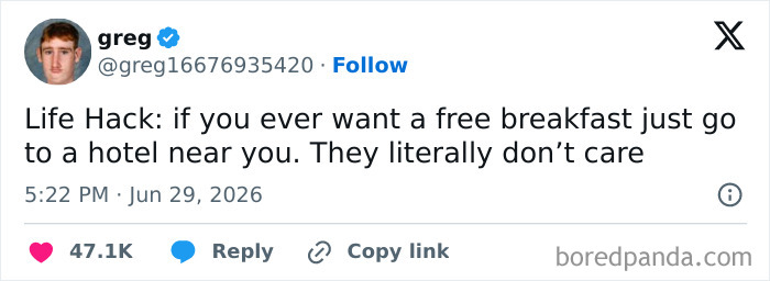 Humorous Twitter post from June with a life hack for free hotel breakfast.