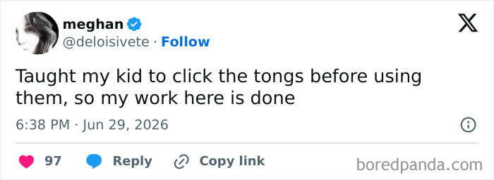 Funny parenting tweet about teaching a kid to click tongs, a relatable mom and dad moment.