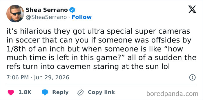 A screenshot of a funny tweet by Shea Serrano about soccer cameras and referees not knowing game time. Funnier on Twitter.