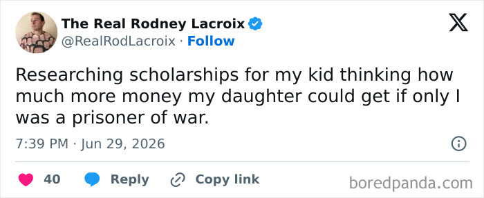 Funny parenting tweet about researching scholarships and being a prisoner of war for financial aid.